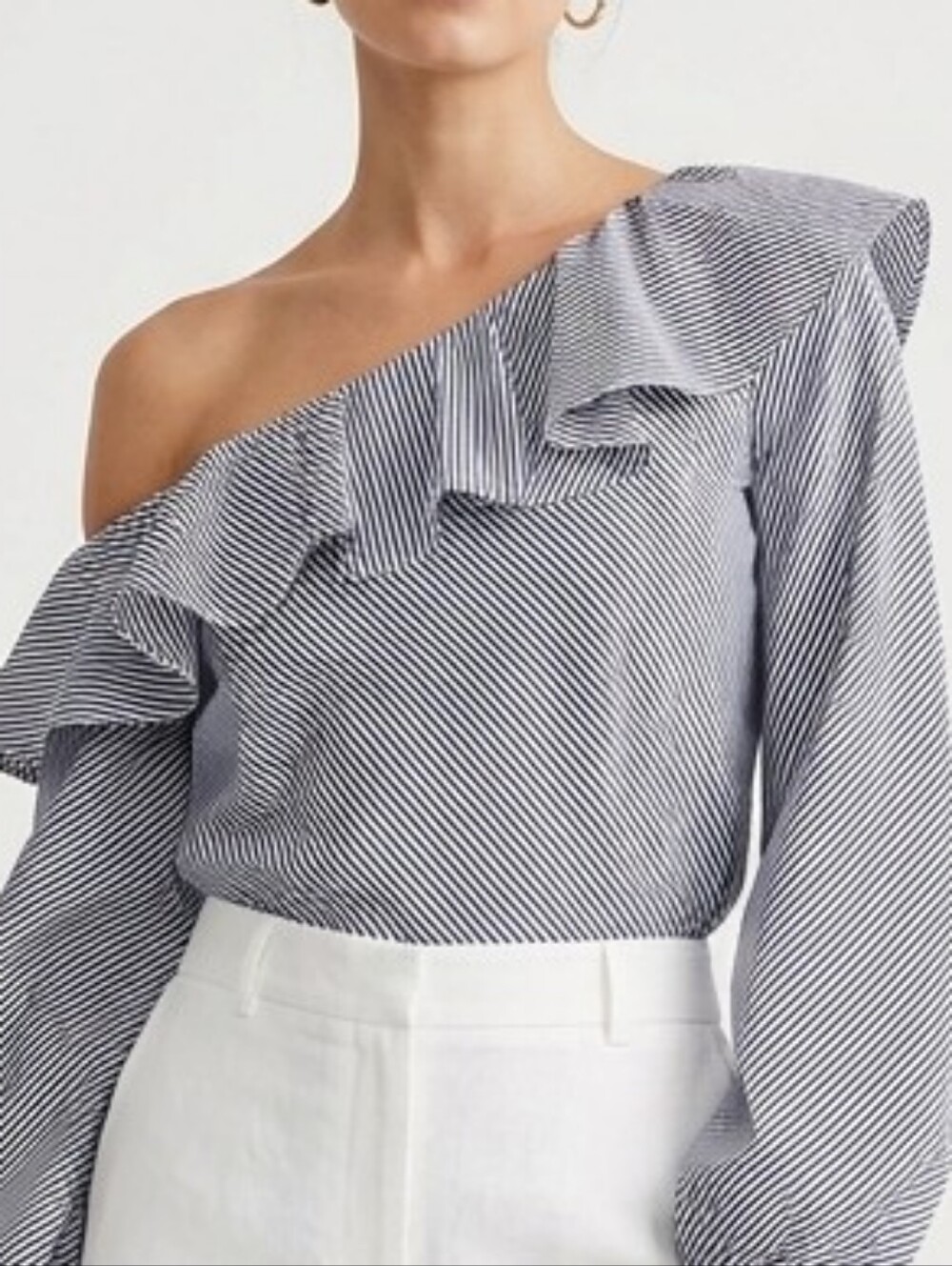 Striped One-Shoulder Ruffle Top in Navy